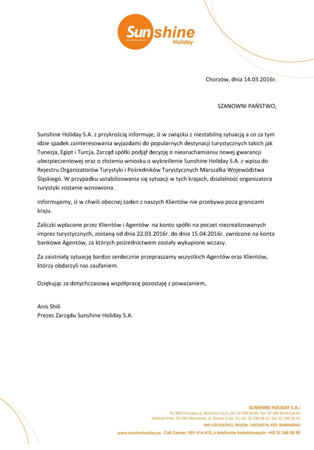 Sunshine Holiday SA zawiesza działalnoś