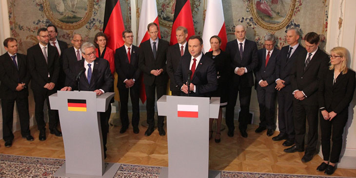 Joachim Gauck, prezydent Republiki Federalnej Niemiec i Andrzej Duda, prezydent Rzeczypospolitej Polskiej, w Sali Pompejańskiej w Belwederze.