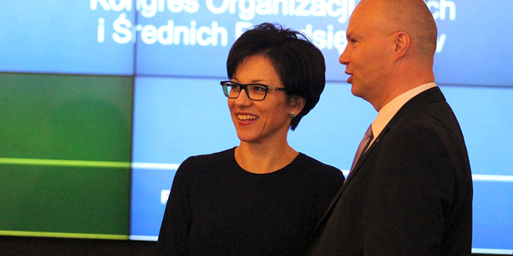 Prof. Małgorzata Zaleska, prezes Giełdy Papierów Wartościowych w Warszawie i Mariusz Hildebrand, wiceprezes Biura Informacji Gospodarczej SA.