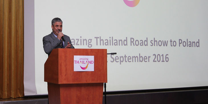 Marzouki Ali na konferencji Amazing Thailand Road Show w sali bankietowej hotelu Sofitel Warsaw Victoria.