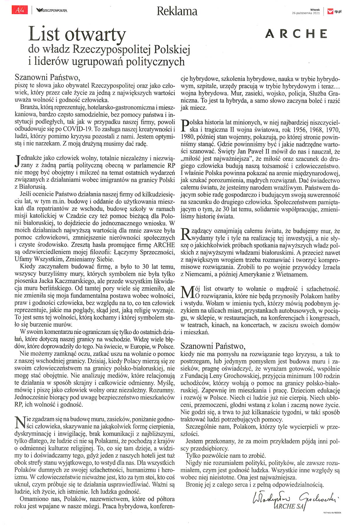 Apel prezesa Grupy Arche o przyjęcie uchodźców